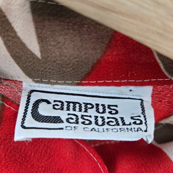 Vintage 70s Campus Casuals of California Brown Red White Sheer Long Sleeve - Picture 7 of 7